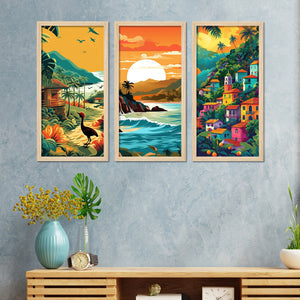 Beautiful Sunset Nature View Wooden Wall Frame Set of Three