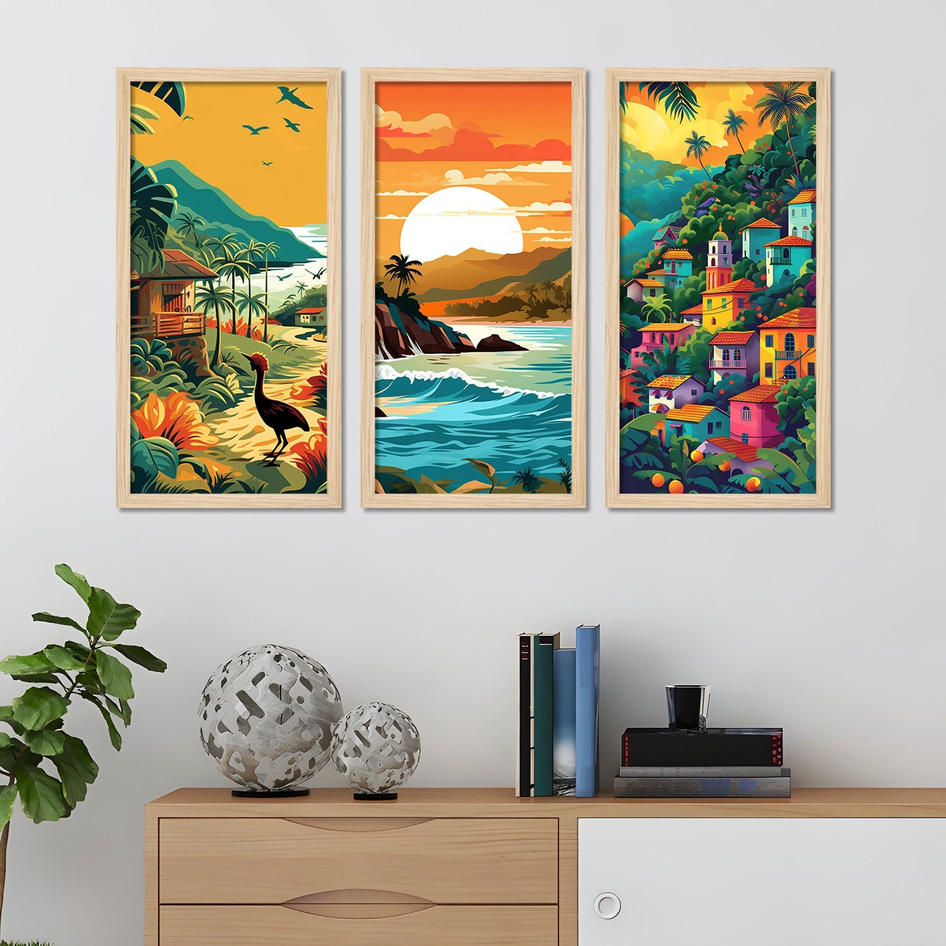 Beautiful Sunset Nature View Wooden Wall Frame Set of Three