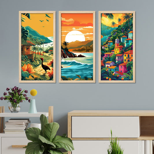 Beautiful Sunset Nature View Wooden Wall Frame Set of Three