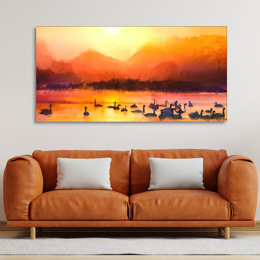 Beautiful Swans in Lake at Sunset Wall Painting