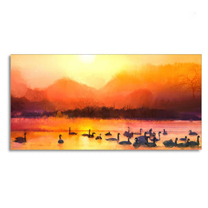 Beautiful Swans in Lake at Sunset Wall Painting