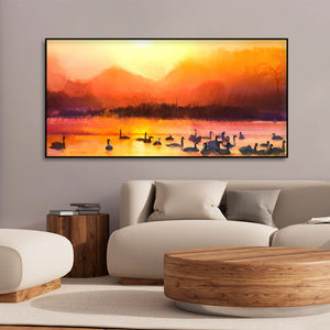 Beautiful Swans in Lake at Sunset Wall Painting