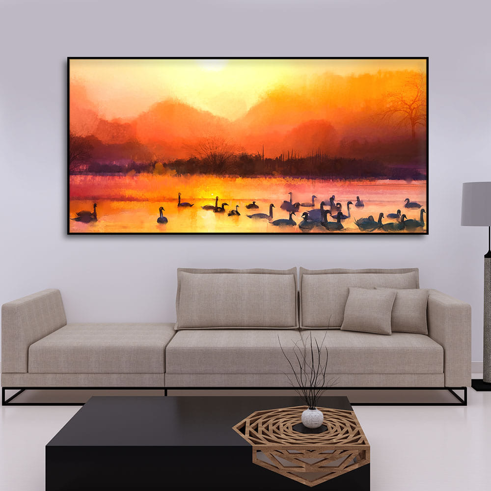 Beautiful Swans in Lake at Sunset Wall Painting