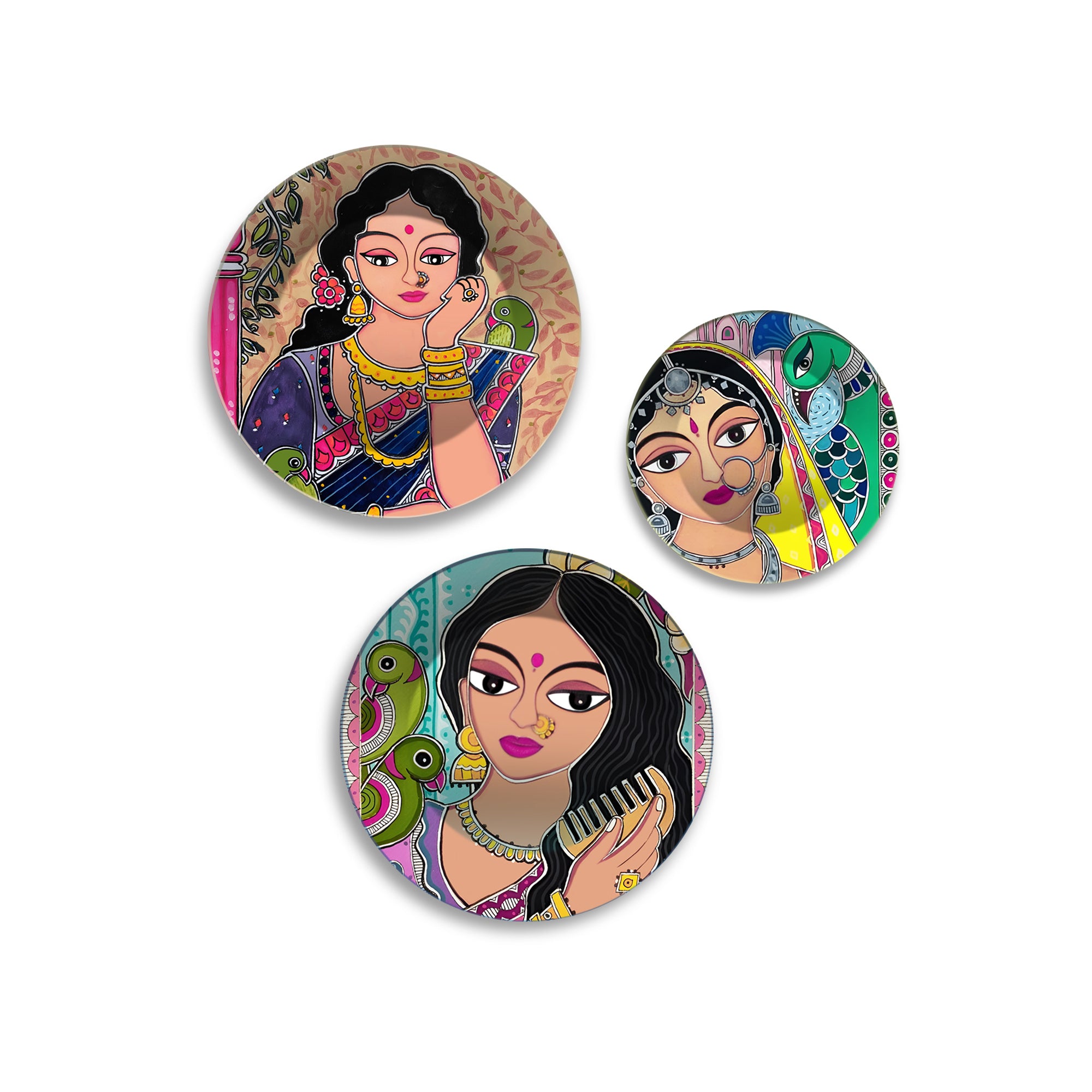 Beautiful Timeless Beauty Folk Art Premium Wall Plates Painting Set of 3