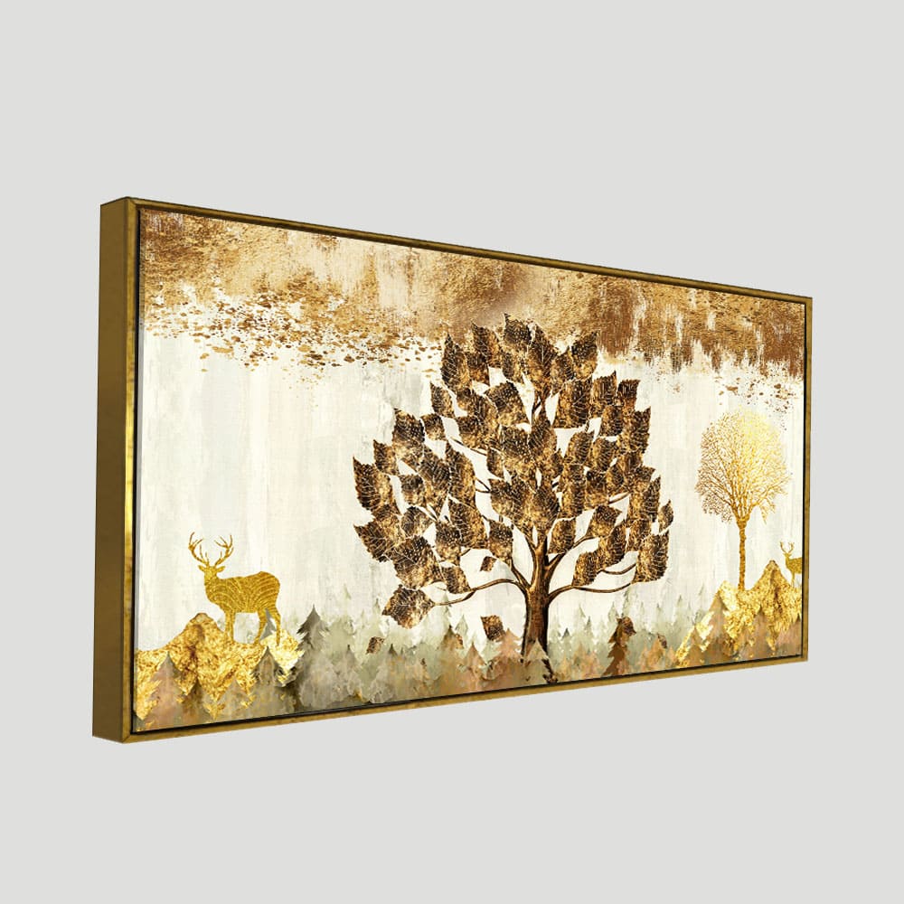 Beautiful Tree and Golden Deer Canvas Wall Painting