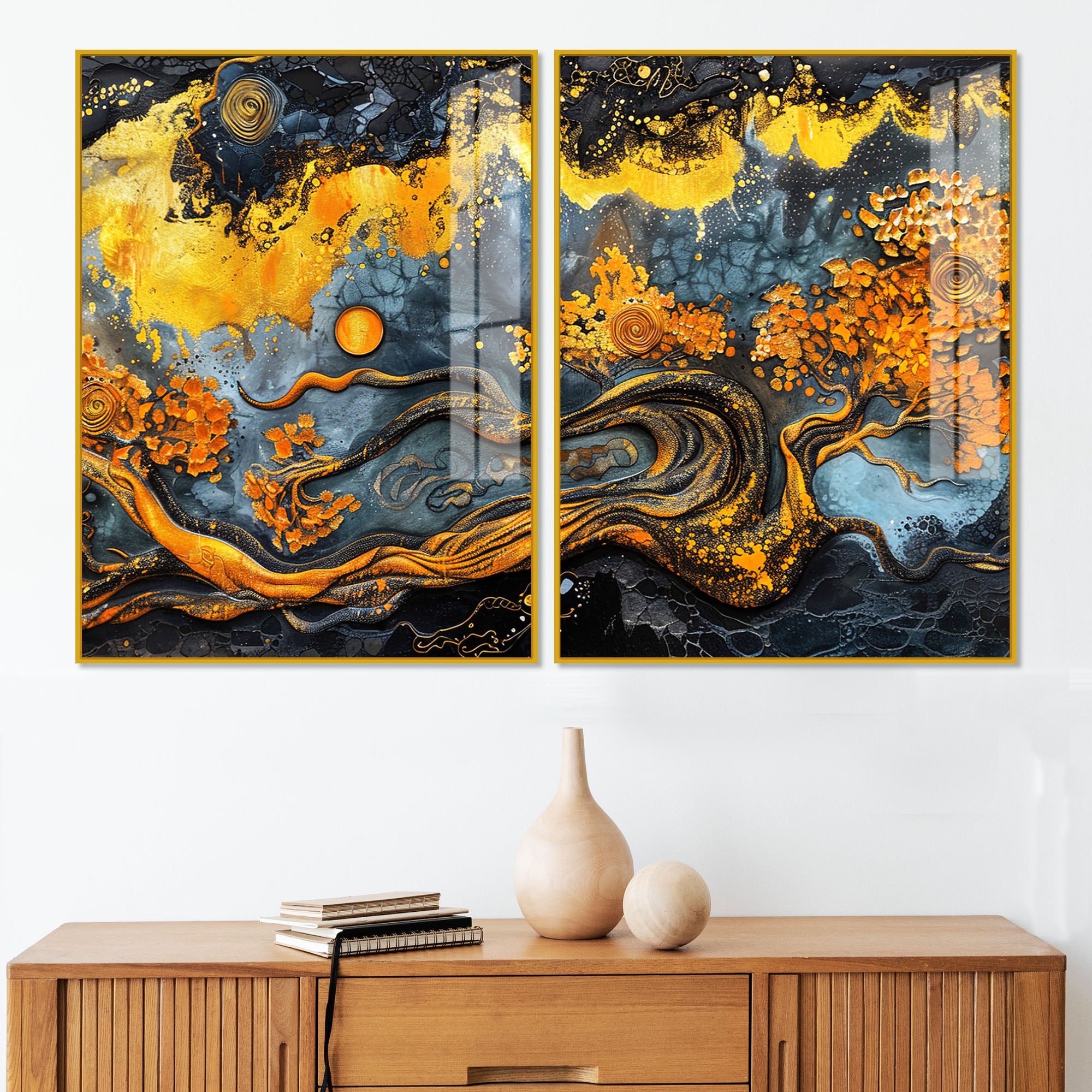 Beautiful Trees Branch Golden Textured Acrylic Art Floating Wall Painting Set of 2