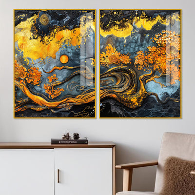 Beautiful Trees Branch Golden Textured Acrylic Art Floating Wall Painting Set of 2