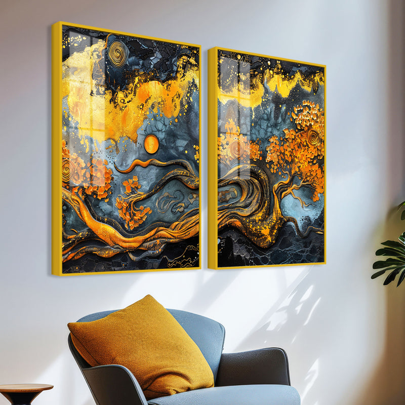 Beautiful Trees Branch Golden Textured Acrylic Art Floating Wall Painting Set of 2