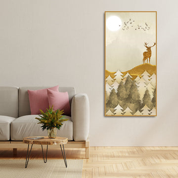 Beautiful Trees with Golden Deers Premium Canvas Wall Painting