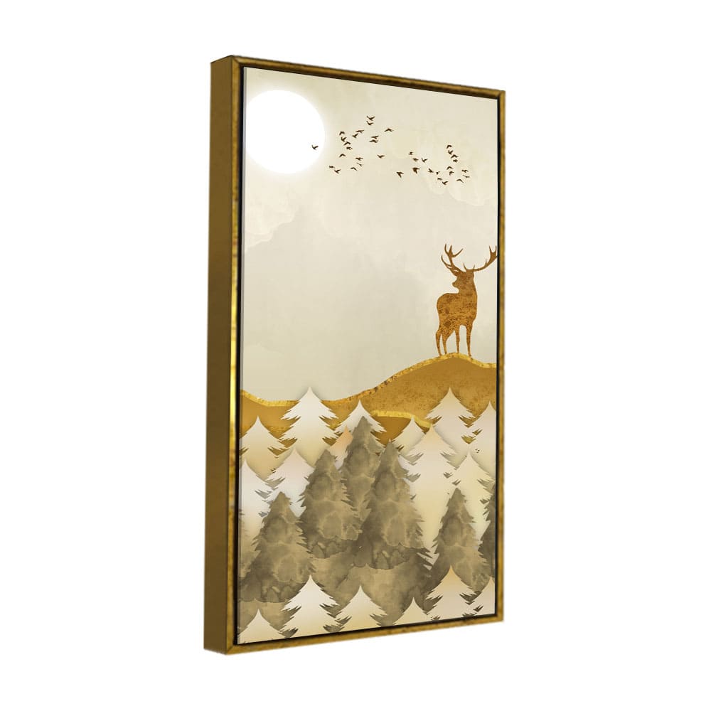 Beautiful Trees with Golden Deers Premium Canvas Wall Painting