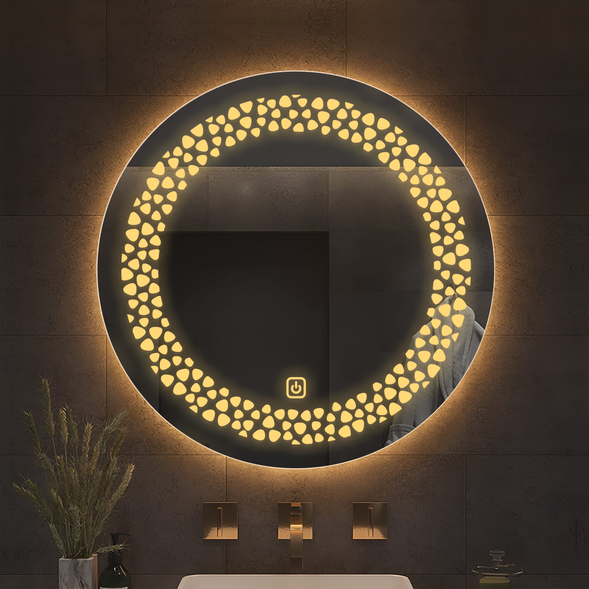 Beautiful Unique Pattern LED Rounded Shape Bathroom Wall Mirror