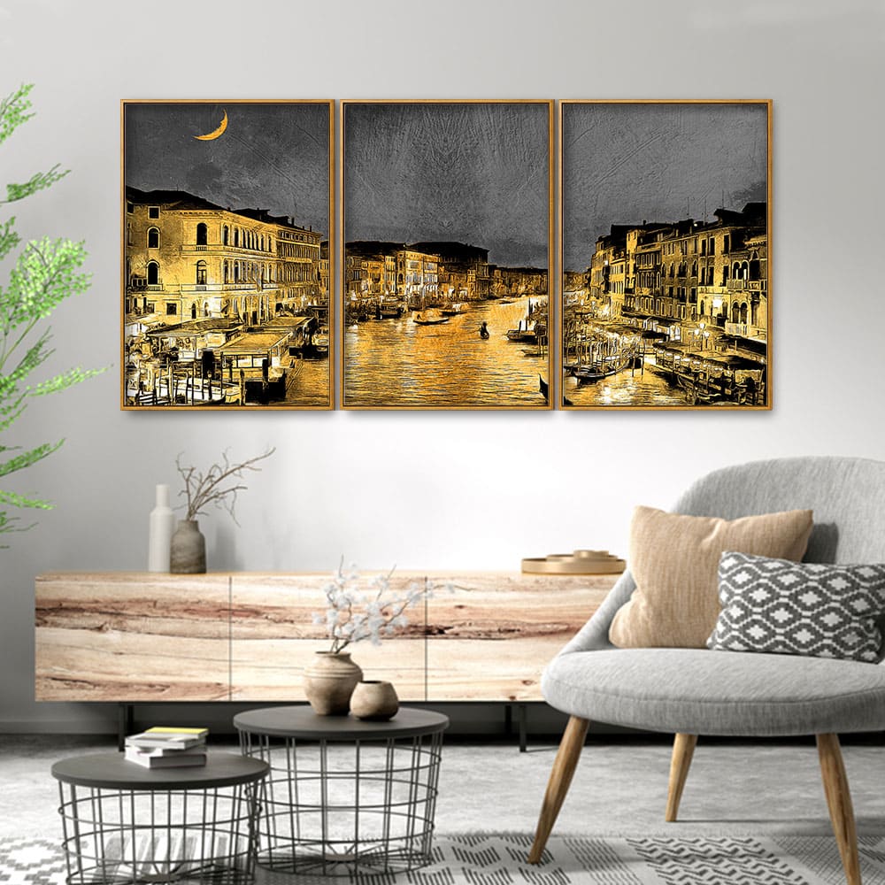 Beautiful Venice City at Night Floating Canvas Wall Painting Set of Three