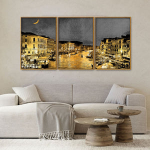 Beautiful Venice City at Night Floating Canvas Wall Painting Set of Three