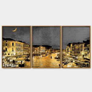 Beautiful Venice City at Night Floating Canvas Wall Painting Set of Three