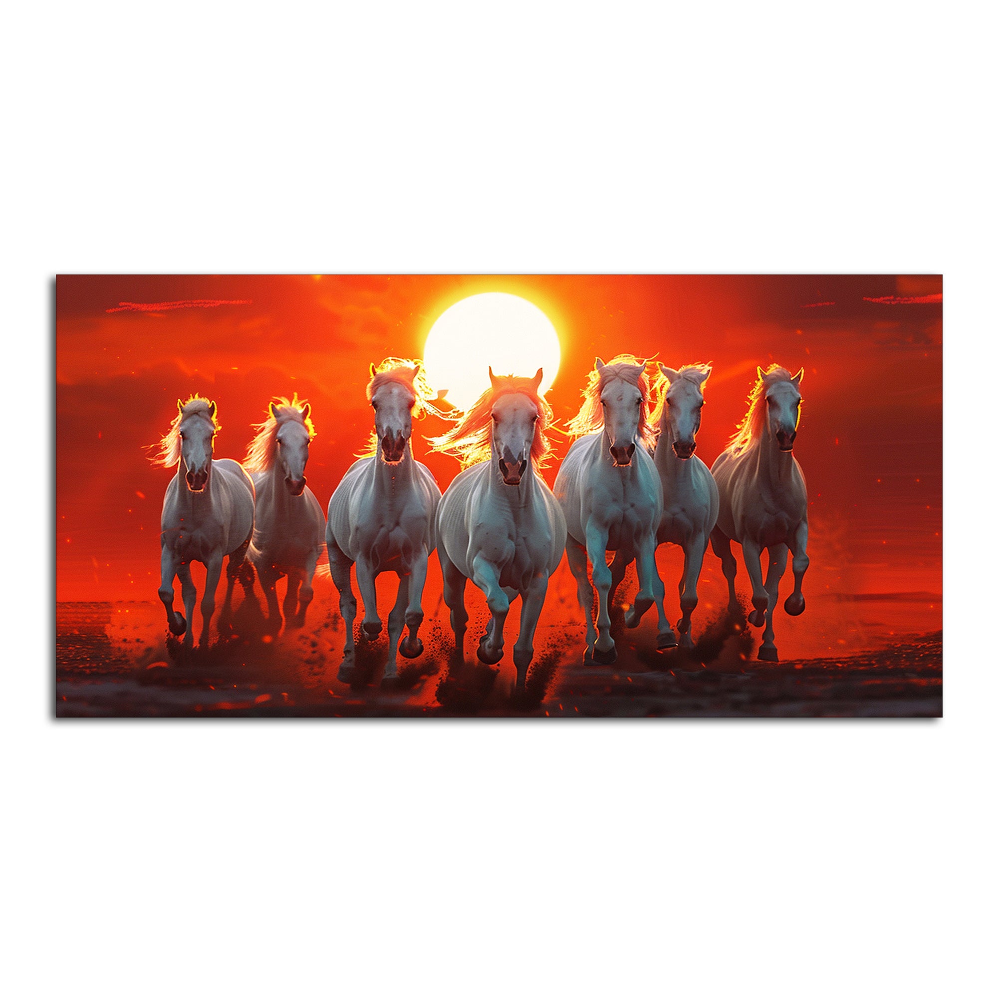 Beautiful View of 7 Running Horses at Sunset Premium Canvas Wall Painting