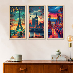 Beautiful View of Paris City View Wooden Wall Frame Set of Three