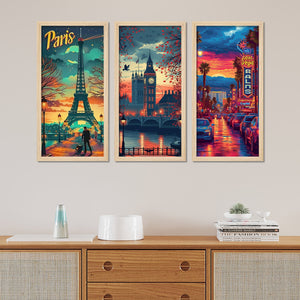 Beautiful View of Paris City View Wooden Wall Frame Set of Three