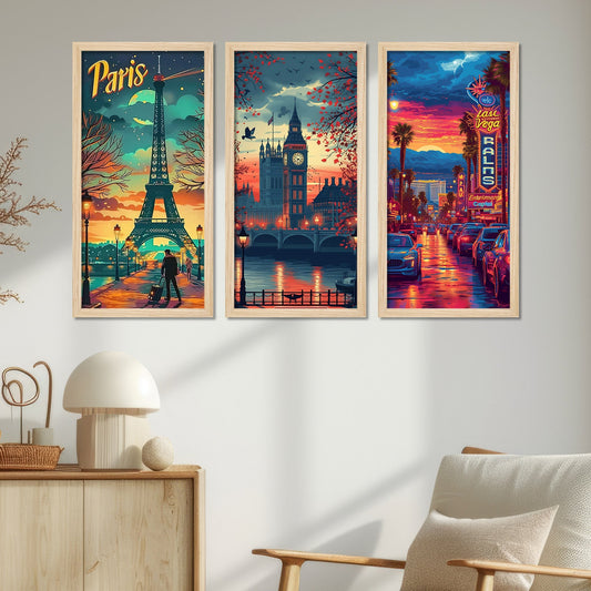 Beautiful View of Paris City View Wooden Wall Frame Set of Three