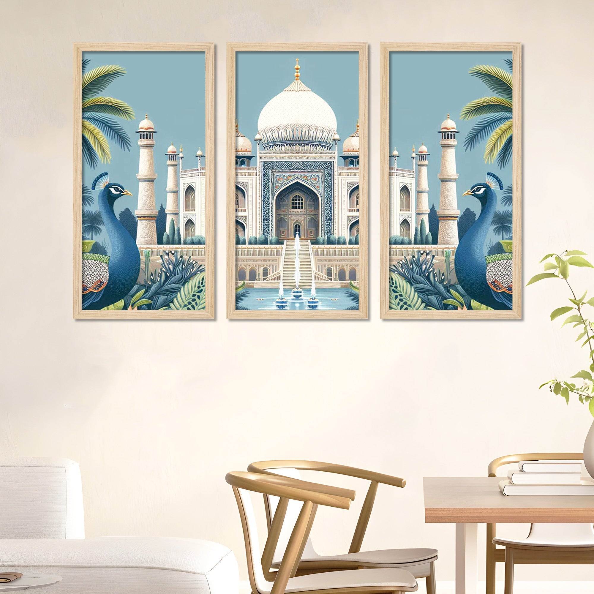 Beautiful View of Taj Mahal Classic Art Wooden Wall Frame Set of Three