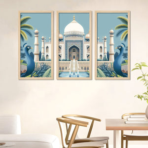 Beautiful View of Taj Mahal Classic Art Wooden Wall Frame Set of Three