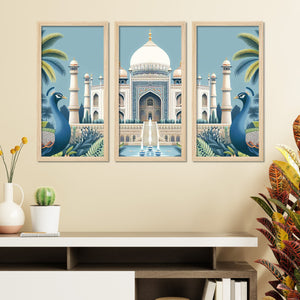 Beautiful View of Taj Mahal Classic Art Wooden Wall Frame Set of Three