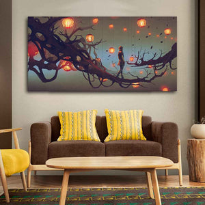 Beautiful Wall Painting of Man Walking on Tree with many Lanterns Background