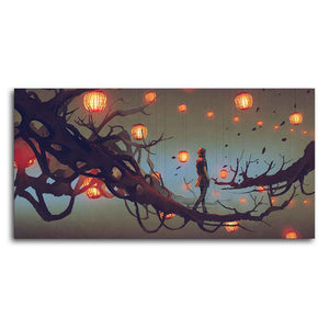 Beautiful Wall Painting of Man Walking on Tree with many Lanterns Background