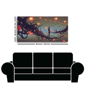 Beautiful Wall Painting of Man Walking on Tree with many Lanterns Background