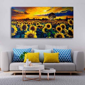 Beautiful Wall Painting of Sunflower Garden in Sunset View