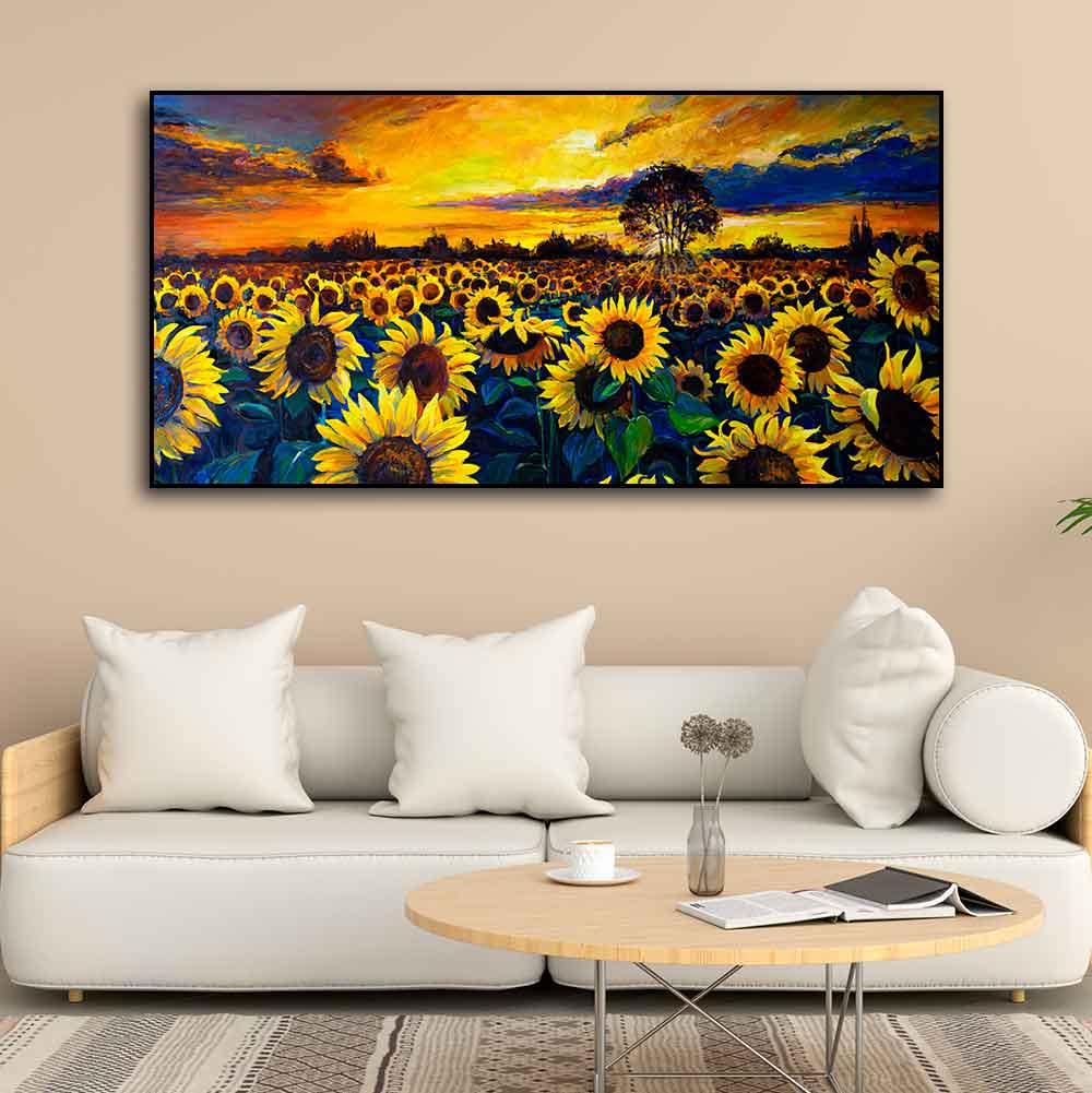 Beautiful Wall Painting of Sunflower Garden in Sunset View