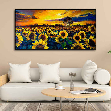 Beautiful Wall Painting of Sunflower Garden in Sunset View