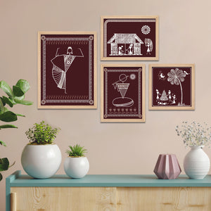 Beautiful Warli Art Indian Rural Life Wall Frame Set of Four