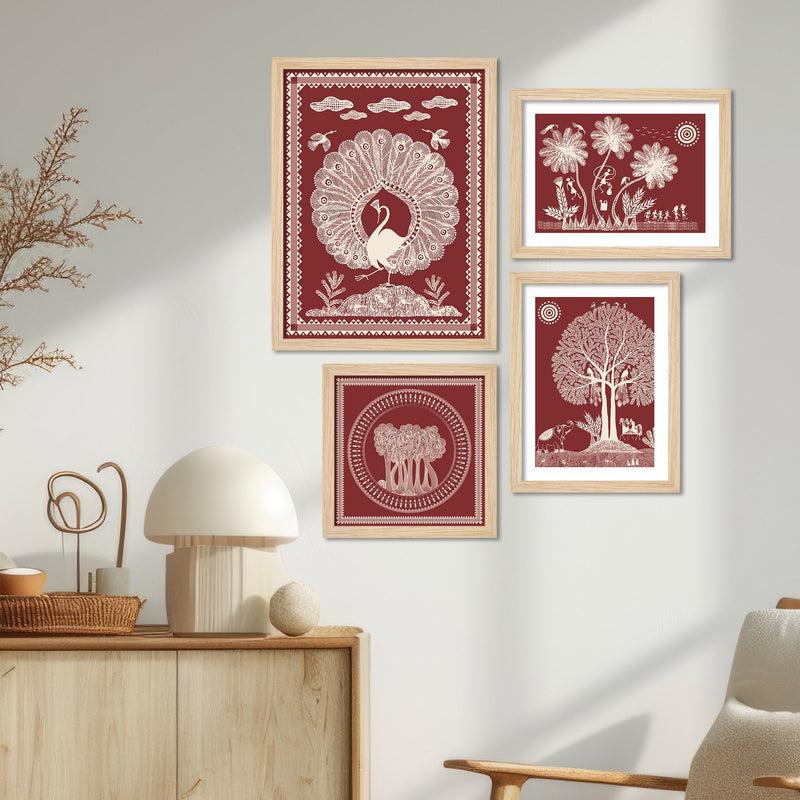 Beautiful Warli Art with Indian Rural Life Wall Frame Set of Four