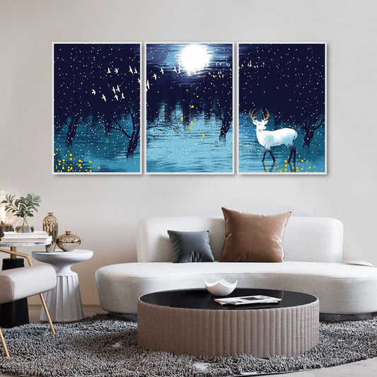 Beautiful White Deer in Full Moon Night Floating Canvas Wall Painting Set of Three