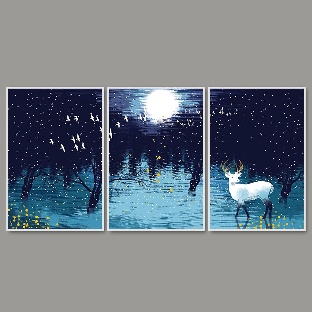 Beautiful White Deer in Full Moon Night Floating Canvas Wall Painting Set of Three