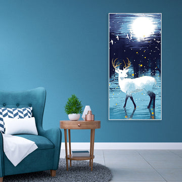 Beautiful White Deer in Full Moon Night Premium Canvas Wall Painting