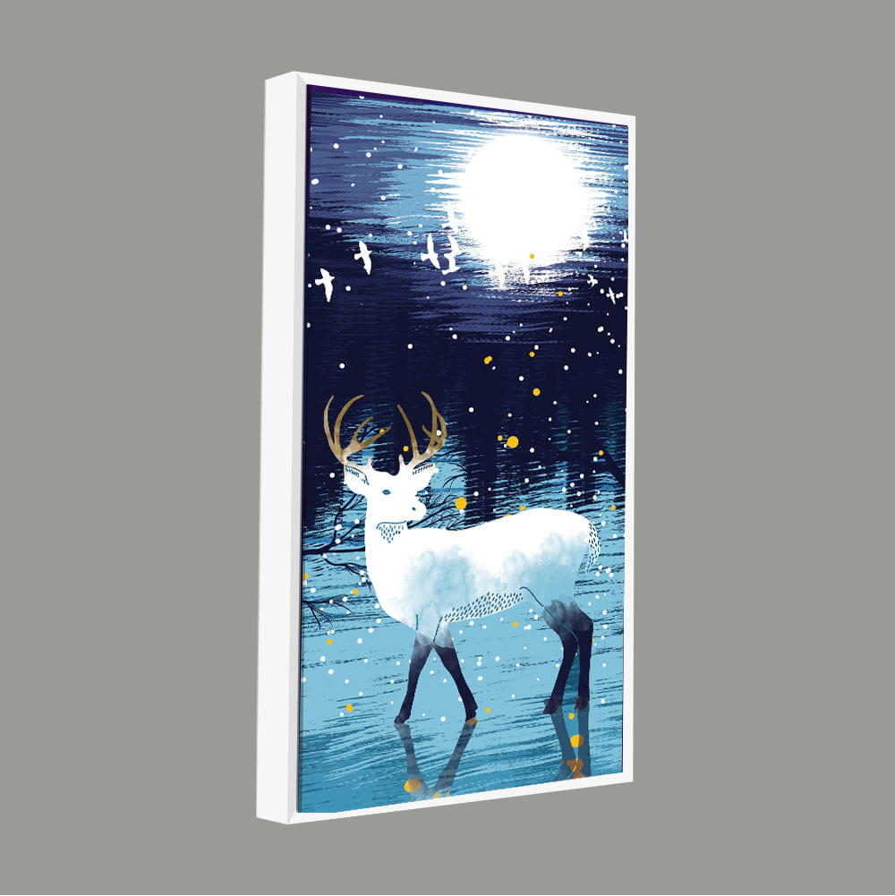 Beautiful White Deer in Full Moon Night Premium Canvas Wall Painting