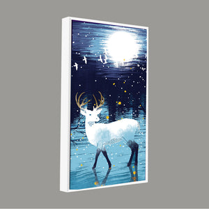 Beautiful White Deer in Full Moon Night Premium Canvas Wall Painting