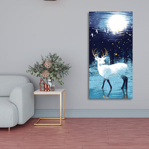 Beautiful White Deer in Full Moon Night Premium Canvas Wall Painting