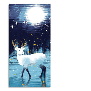 Beautiful White Deer in Full Moon Night Premium Canvas Wall Painting