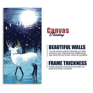 Beautiful White Deer in Full Moon Night Premium Canvas Wall Painting