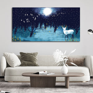 Beautiful White Deer in Full Moon Night Premium Wall Painting