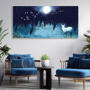 Beautiful White Deer in Full Moon Night Premium Wall Painting