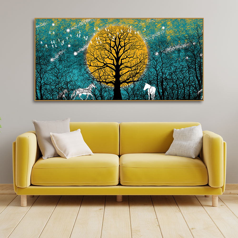 Beautiful White Horses in Forest Premium Wall Painting