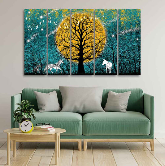 Beautiful White Horses in Forest Premium Wall Painting of Five Pieces