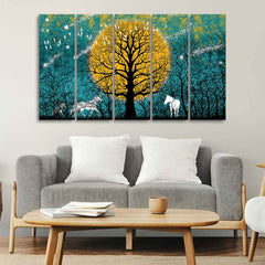 Beautiful White Horses in Forest Premium Wall Painting of Five Pieces