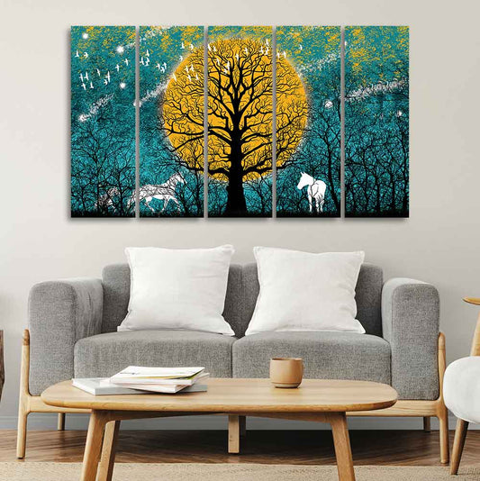 Beautiful White Horses in Forest Premium Wall Painting of Five Pieces