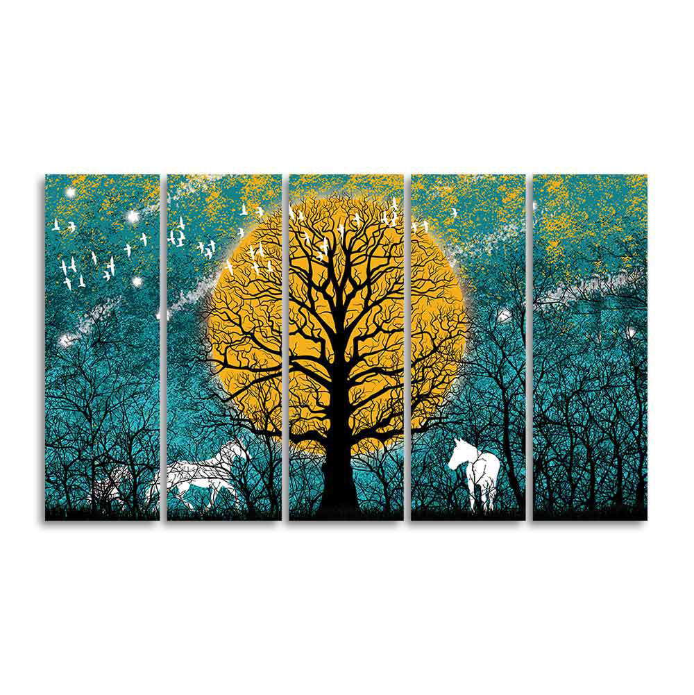 Beautiful White Horses in Forest Premium Wall Painting of Five Pieces