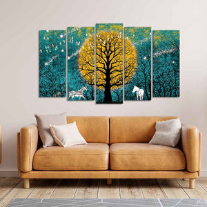 Beautiful White Horses in Forest Premium Wall Painting Set of Five Pieces