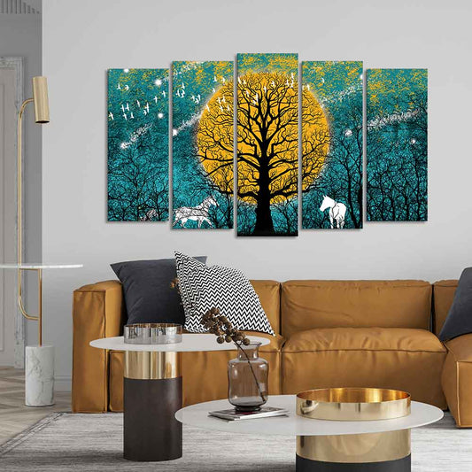 Beautiful White Horses in Forest Premium Wall Painting Set of Five Pieces